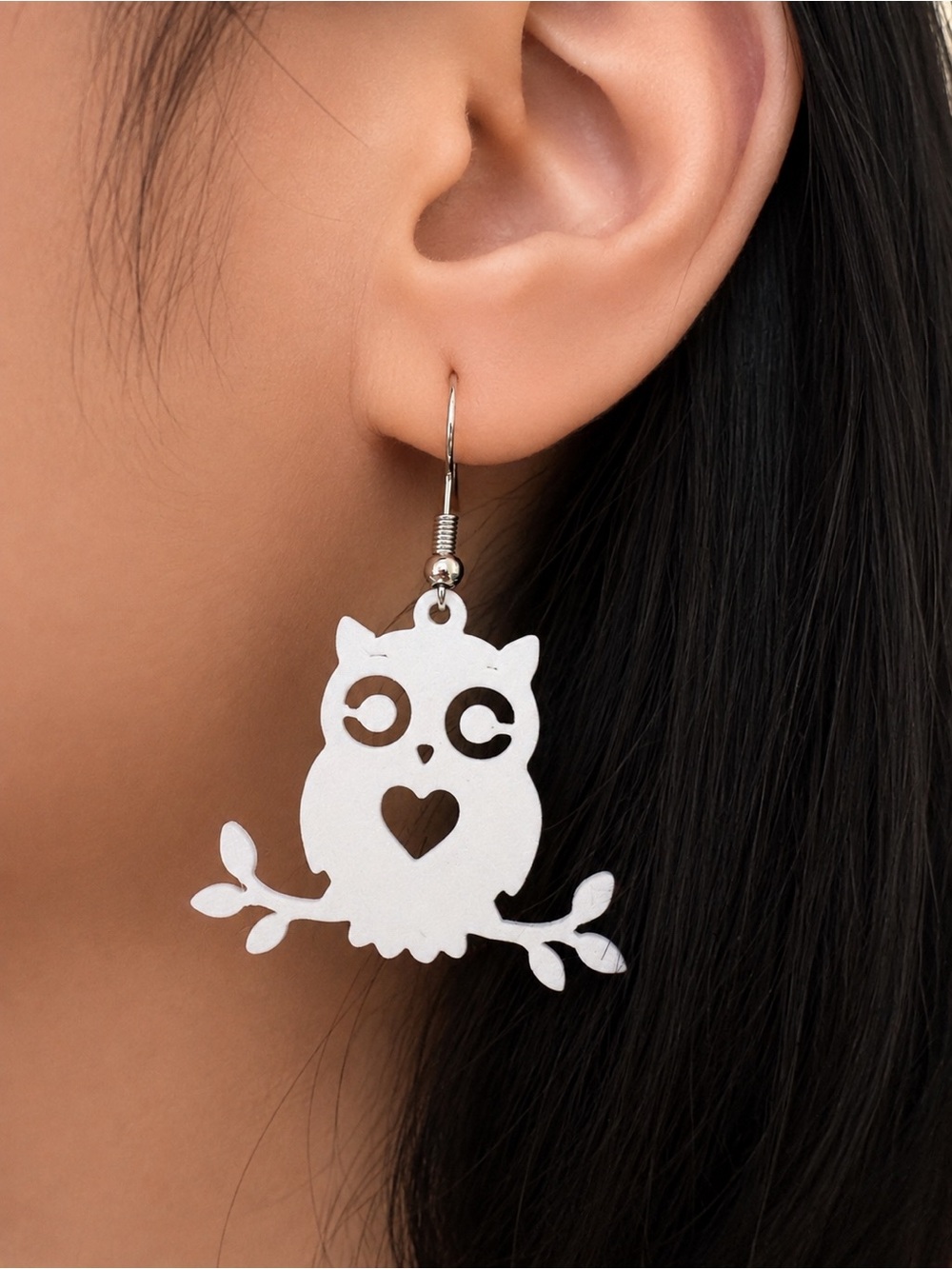 White Owl Heart Cutout Dangle Earrings - Women Jewelry